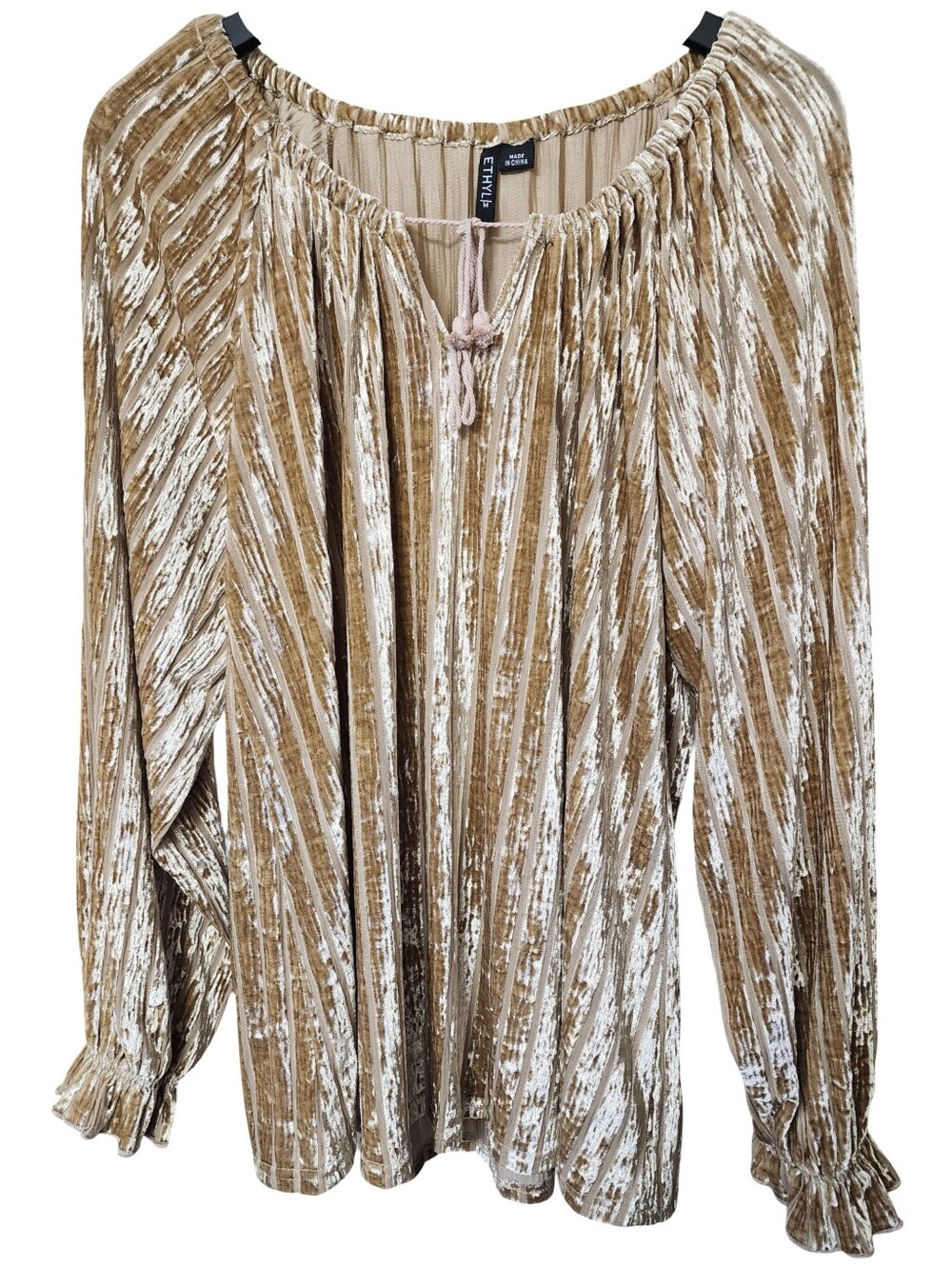 ETHYL CLOTHING Fairytale Crushed Velvet Blouse Gold Metallic Striped Peasant M